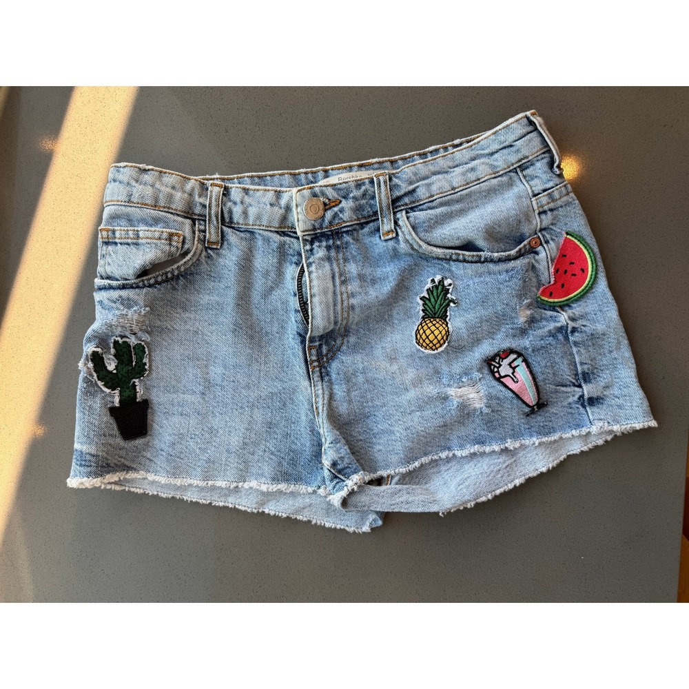 Bershka Denim Shorts Patches Cactus Pineapple Watermelon Light Wash Sz 6‎